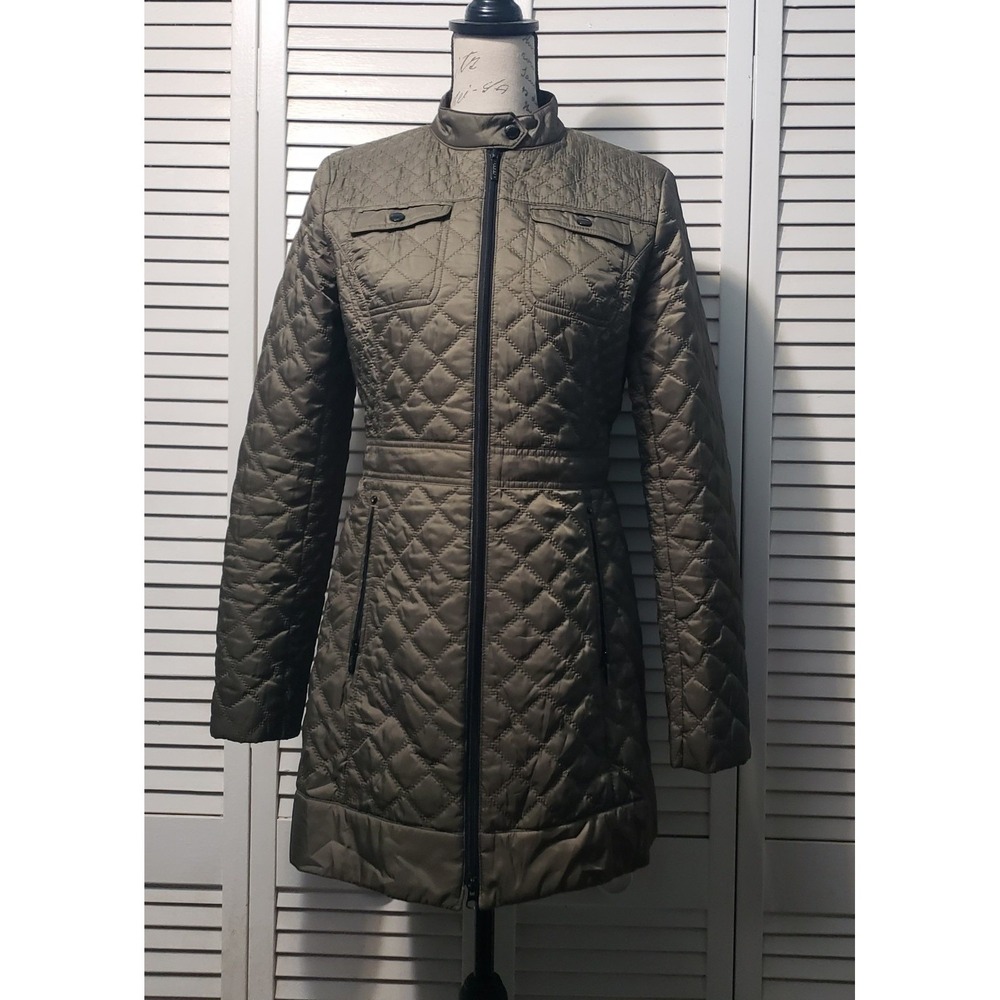 Laundry Shelli Segal Quilted Jacket Women's Small Olive Green Fill Zip Lined EUC
